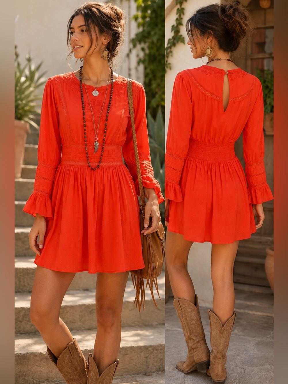 FREE PEOPLE Clementine Mini Dress Embroidered Bell Sleeve Boho Chic | Size 8